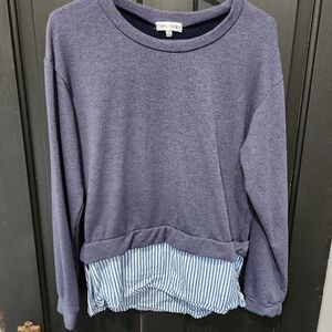 Thyme + Honey Navy Blue Sweater with Striped Hem